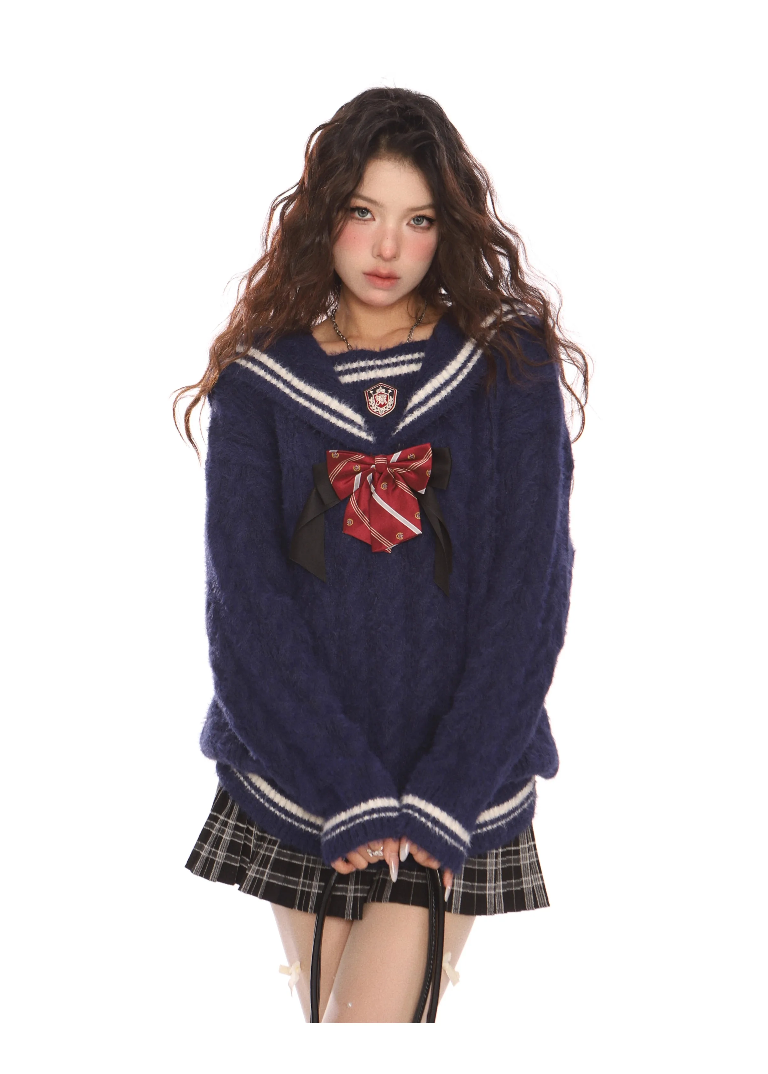 秋冬新作ホットセールカレッジスタイルレディースルーズカジュアルボウネイビーカラーオフホワイトブルーストライプニットセーター