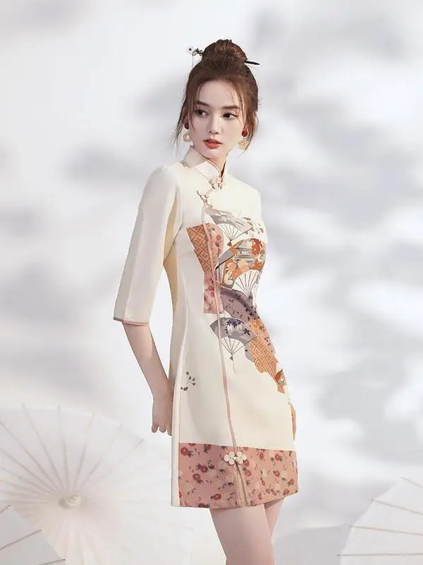 

Vintage Printed Stand Collar Chinese Sle Women's Dr Spring Collection Ele Ladylike Look Perfect for Special Ocns