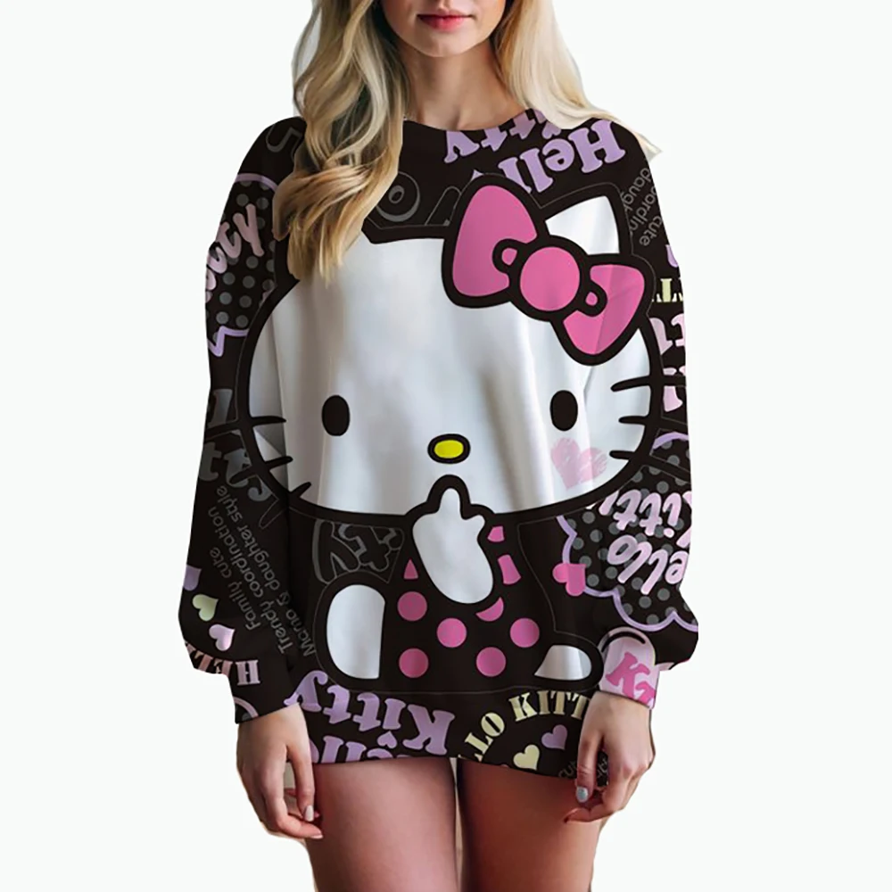 Hot Sale Oversize Printing Women Sweatshirt 2024 Autumn Anime Style Loose High Quality Hoodies Hello Kitty Print Hooded Girl