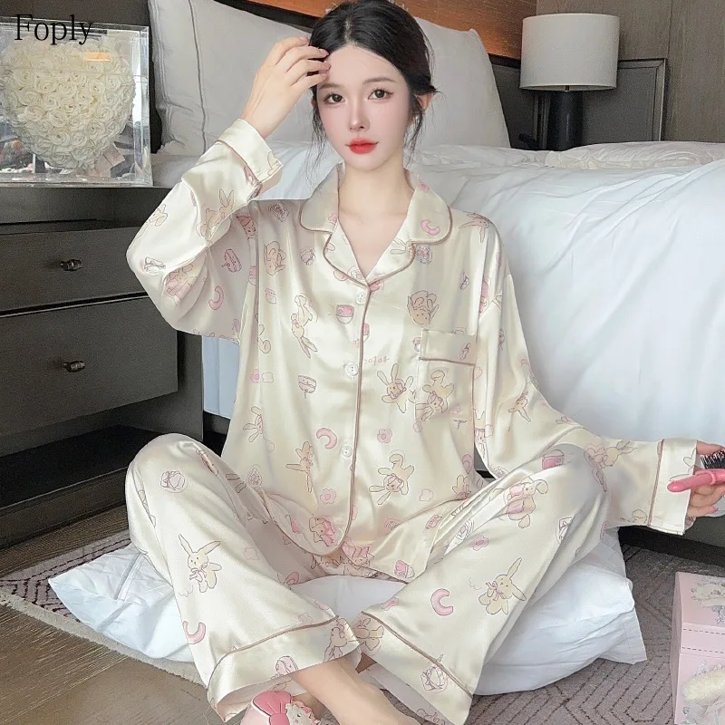 

Cute Rabbit Print Women's Pajamas Sweet Fashion French Casual Cute Pajamas for Women Lapel Neck Button Design 2 PC Set Homewear