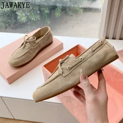 2024 Spring Suede Flat Loafers Shoes Woman Lace Up Leather Flats Casual Brand Out Door Driving Vacation Walking Shoes For Women