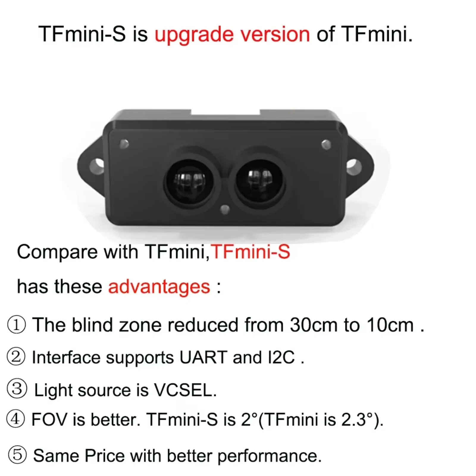2PCS Benewake Upgraded TFmini-S Lidar Sensor Module 0.1-12m TOF Ranging with UART/I2C for Drone Arduino Robot