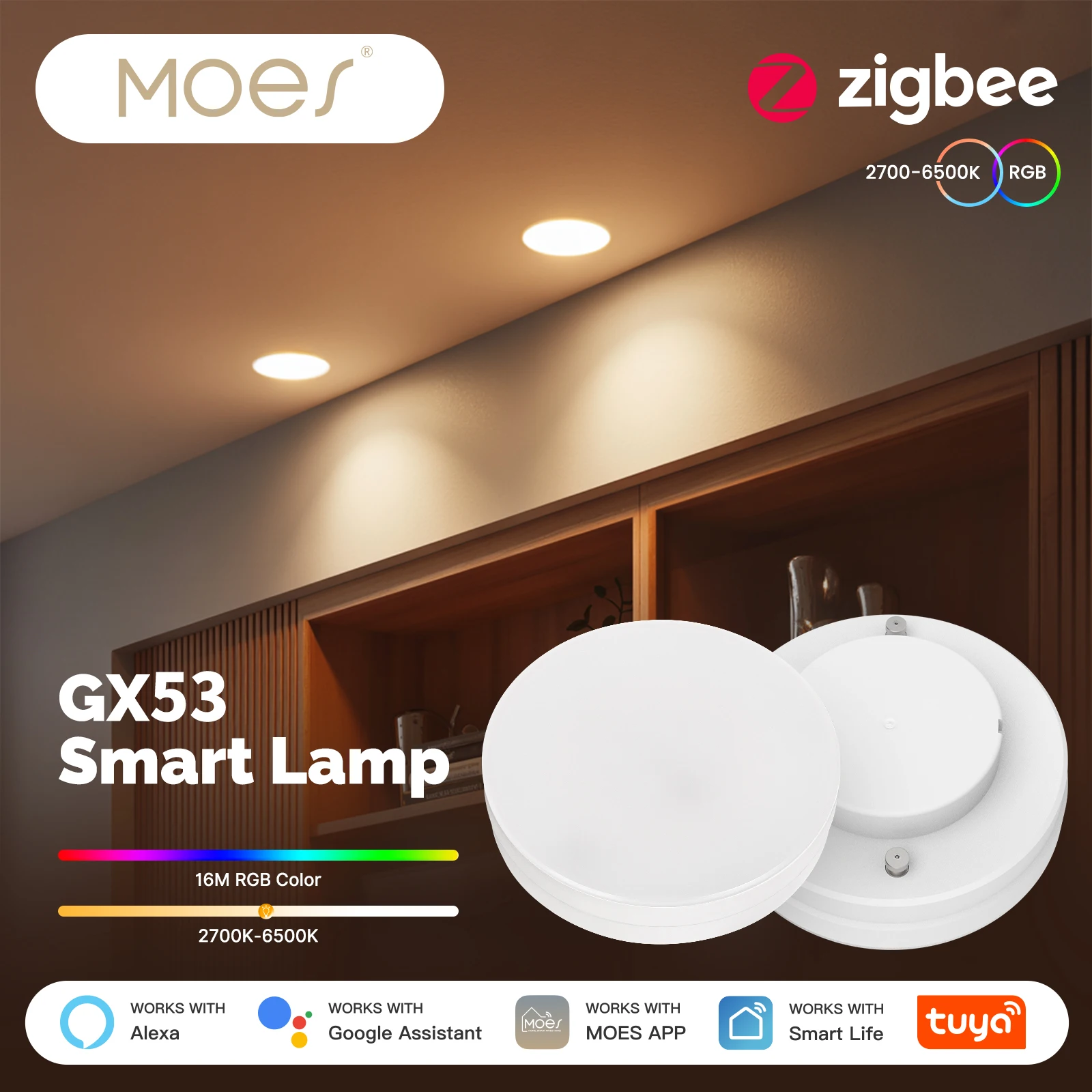 MOES Tuya ZigBee Smart LED Lamp GX53 Color Changing Dimmabl Light Bulb Music Sync Restaurant Cabinet Work With Alexa Google Home