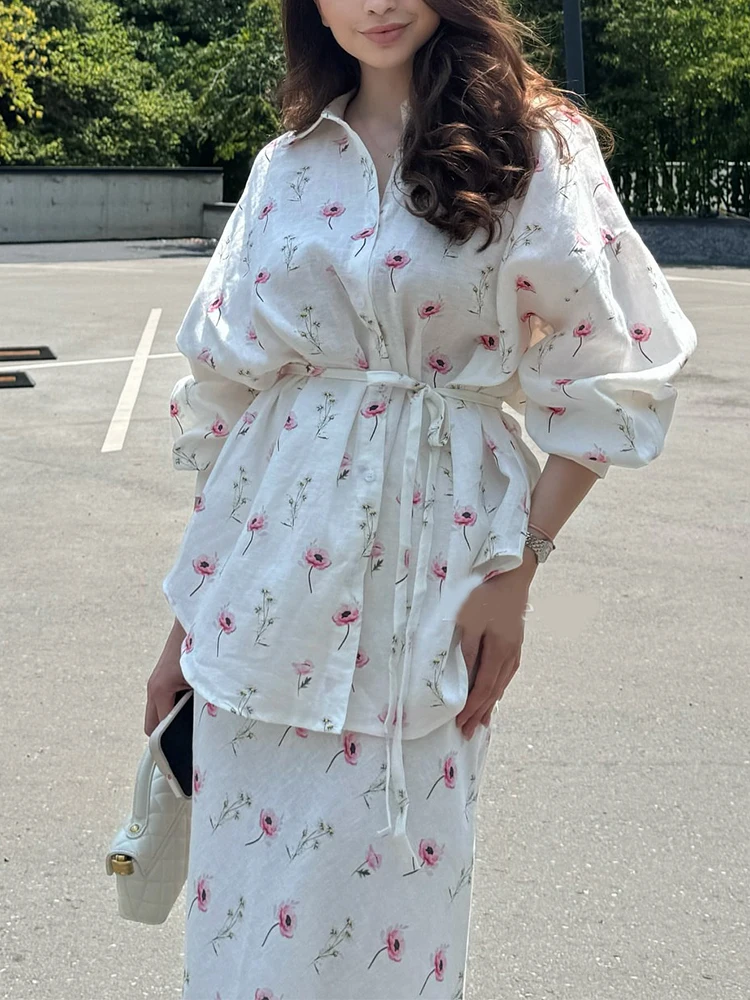 

Elegant Lapel Long Sleeve Lace Up Cardigans&Half Skirts Sets Fashion Floral Printed Satin Outfits Spring Summer Women's New Sets