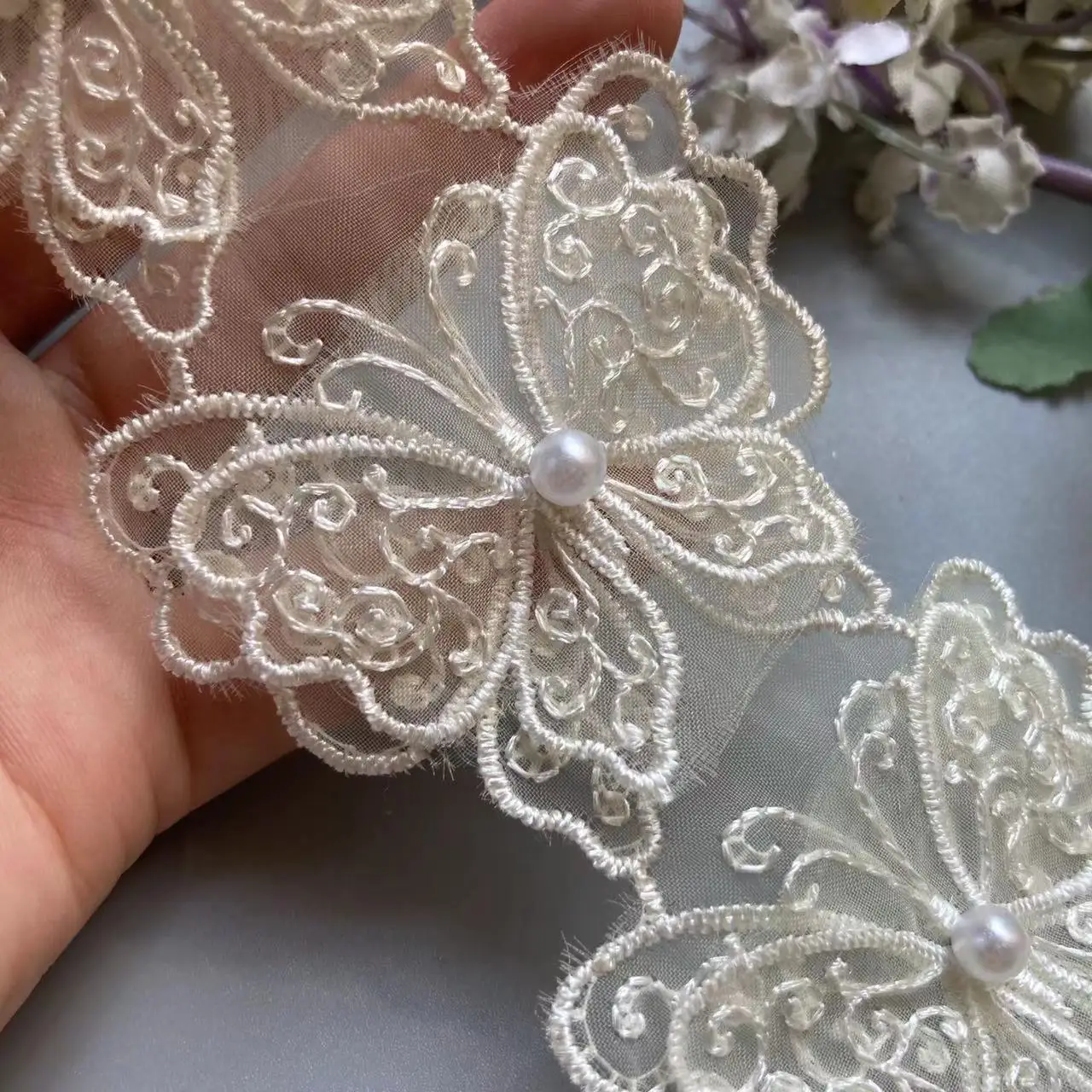 

10x Butterfly Ivory Pearl Flower Embroidered Lace Edge Trim Ribbon Fabric Patchwork Wedding Dress DIY Sewing Supplies Craft 6cm