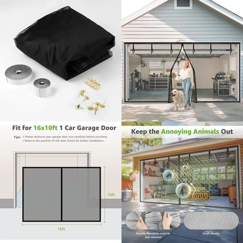 

Heavy-Duty Magnetic 1-2 Car Garage Screen, 16ft x 10ft, Fiberglass Mesh, Animal-Proof, Black