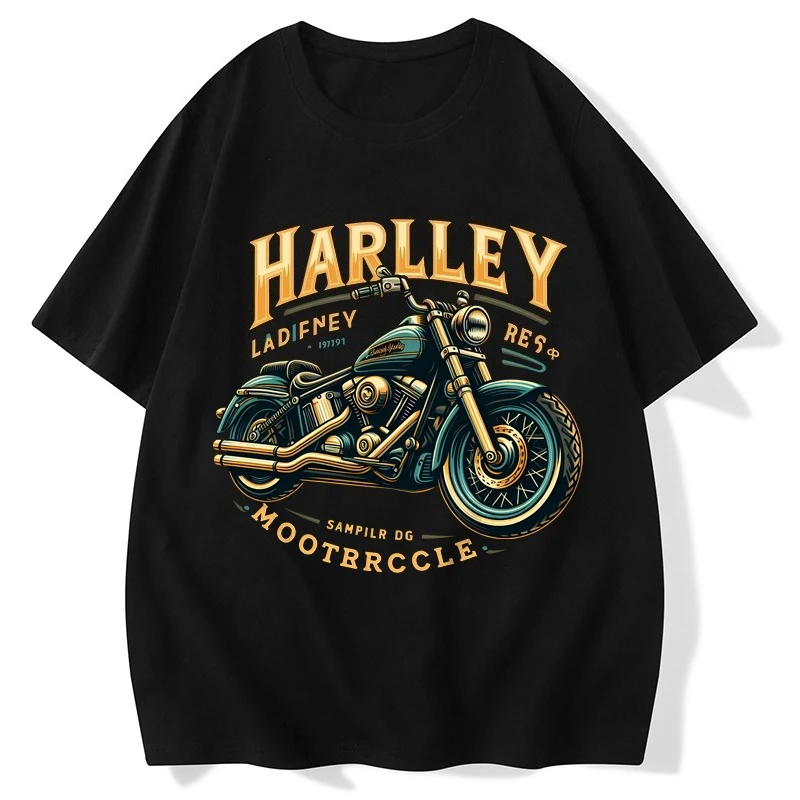 

Summer Rock Wind Locomotive Tide Brand Retro Harley Short Sleeve Loose Cotton American Men's Crew Neck Short Sleeve T-Shirt
