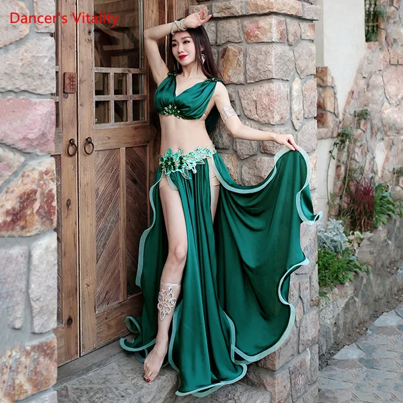 Traje de danza del vientre para mujer, conjunto de ropa de rendimiento, falda Swing grande dividida, sujetador de satén, ropa de competición de gama alta, ropa de Baile Oriental