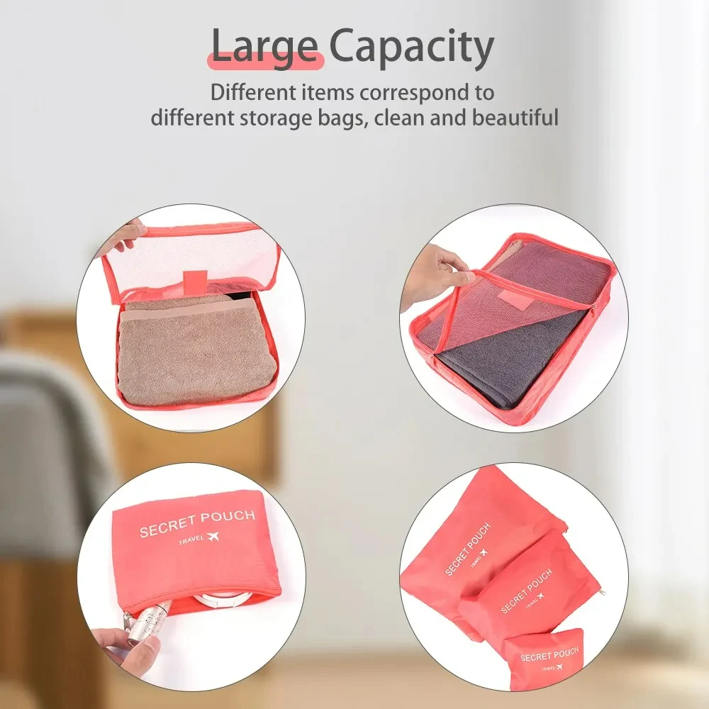 6Pcs Luggage Travel Bags Underwear Shoes Storage Bag Oxford Waterproof Cloth Suitcase Pouch Cube Red Organiser For Clothing