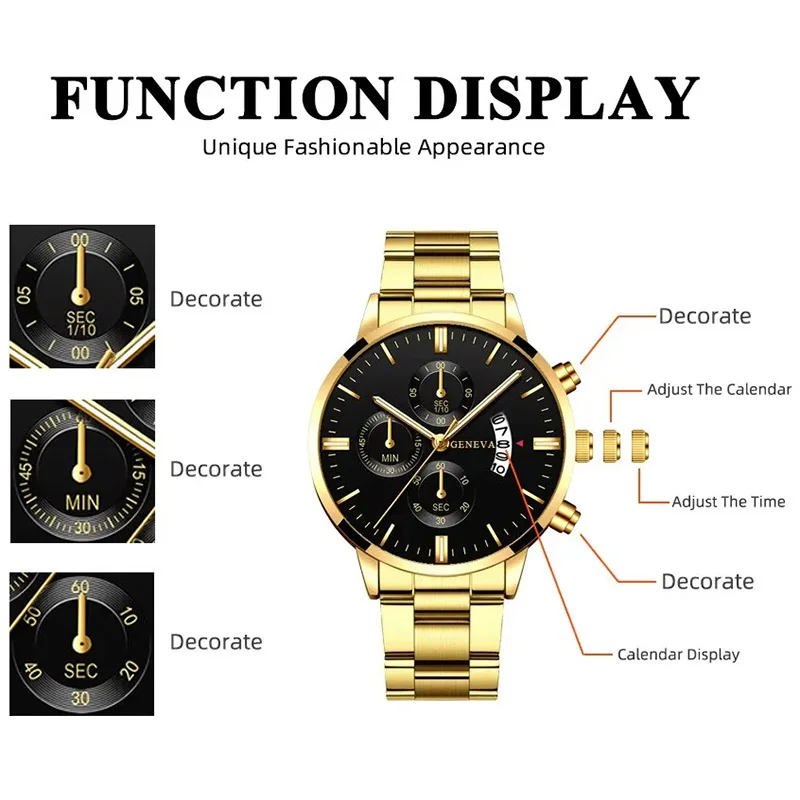 3PCS Set Fashion Mens Calendar Watches Luxury Men Business Gold Stainless Steel Quartz Watch Male Necklace Bracelet Wristwatch