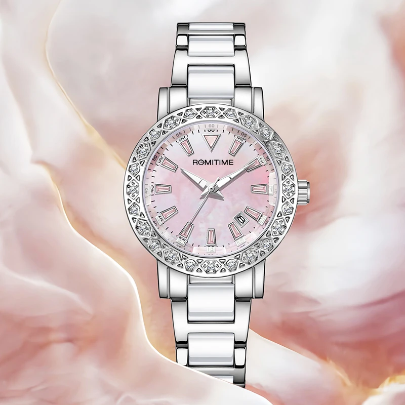 ROMITIME Luxury Women Quartz Watch Mother-of-Pearl Dial Calendar Diamond-set Bezel Leisure Luminous 30M Waterproof Lady Watches