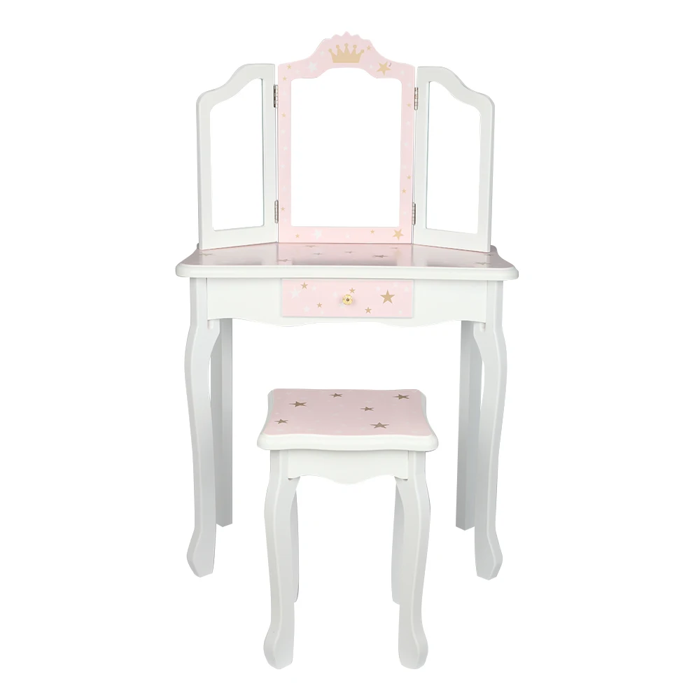 Wooden Toy Children's Dressing Table Three Foldable Mirror/Chair/Single Drawer Pink Star Style