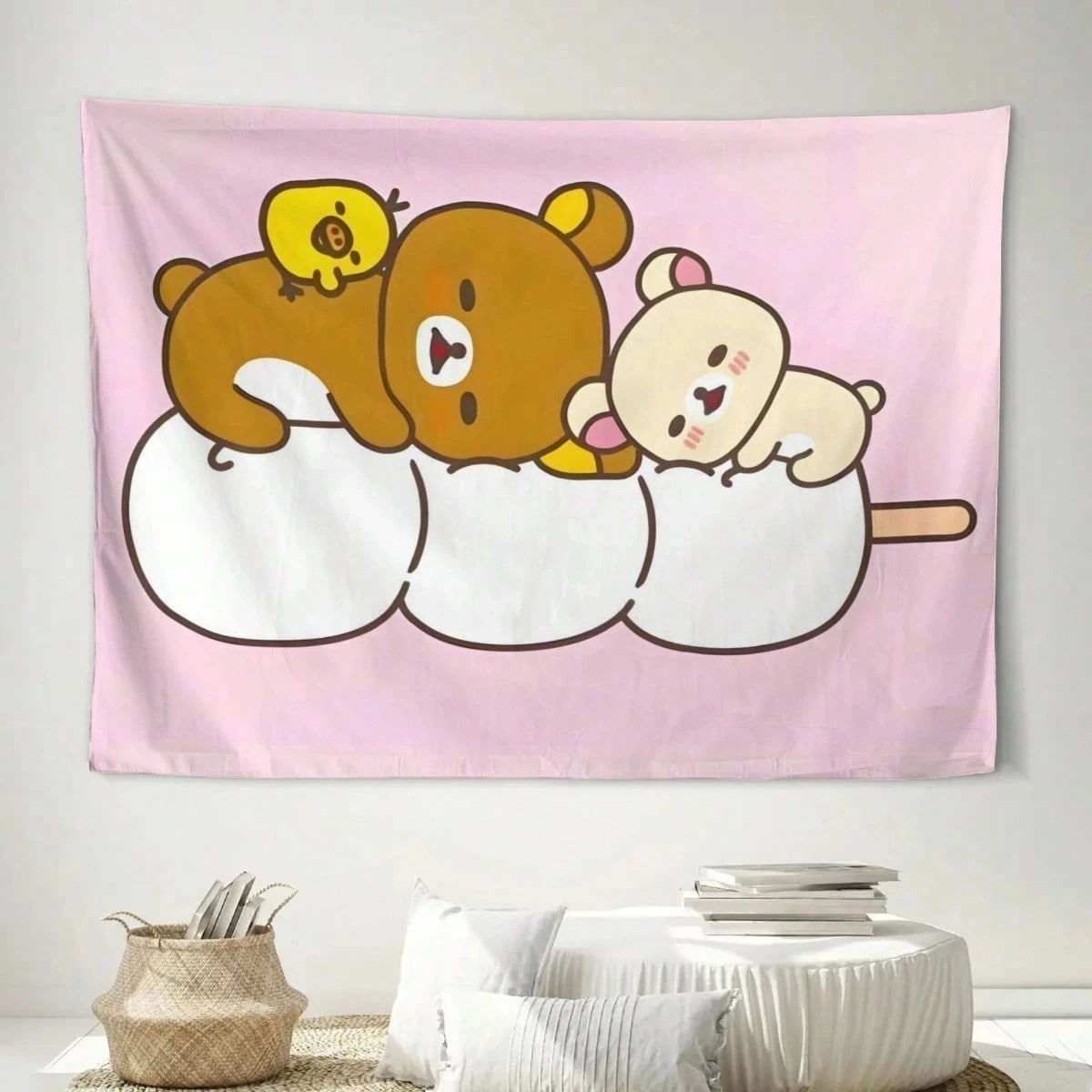 R-Rilakkuma & Friends Sleeping Dango Tapestry, Cute Kawaii Bear Wall Hanging for Bedroom, Dorm, Kids Room Decor
