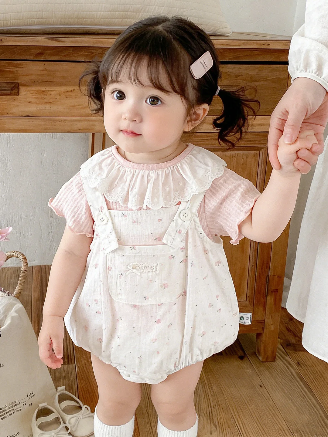 花柄プリント女の赤ちゃん夏服半袖レーストリムボトムカバー2点セット通気性軽量ポリエステル綿混紡