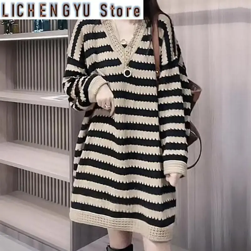 

Fashion V-Neck Striped Hollow Out Loose Casual Dresses Women's Clothing Autumn Winter Oversized Knitted Commuter Mini Dress