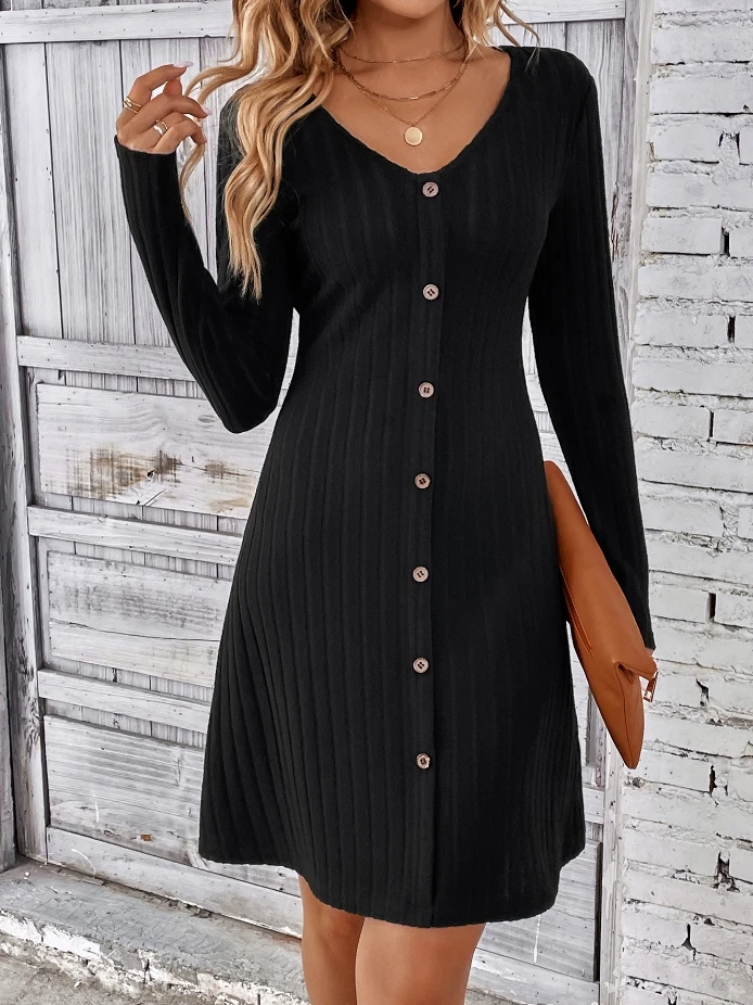 

Button Waist Closure Long Sleeved V-Neck Short Dress, The Latest Best-Selling Fashion for Women, Elegant and Comfortable