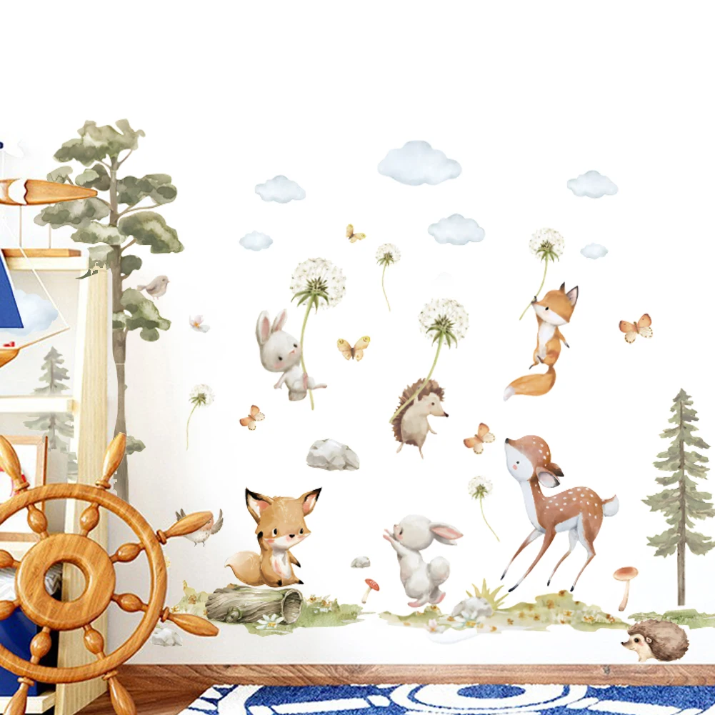 Cute Cartoon Animal, Deer, Squirrel Forest Wall Stickers for Kids Bedroom Baby Room Decoration Wall Decals Room