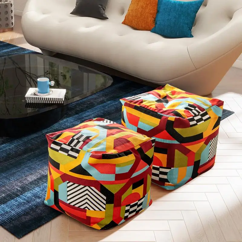 

Luxury 20" Oversized Bean Bag Cube Ottoman, Multicolored Embroidery Design