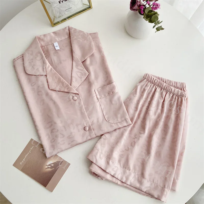 

Розовый леопардовый домашний комплект из шелкового вискозы для сна, пижамный костюм из 2 предметов, женская рубашка с короткими рукавами и шорты, новая летняя одежда для сна, домашняя одежда