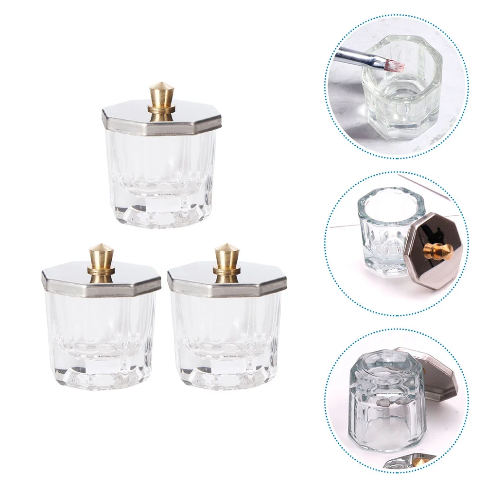 3 Pcs with Cover Nail Octagonal Cup Dish Lid Glass Plate Acrylic Powder Bowl