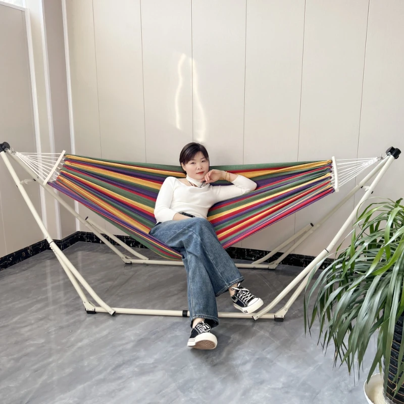 Canvas hammock Outdoor anti-rollover camping Portable hammock Iron frame Indoor and outdoor household swing folding bracket
