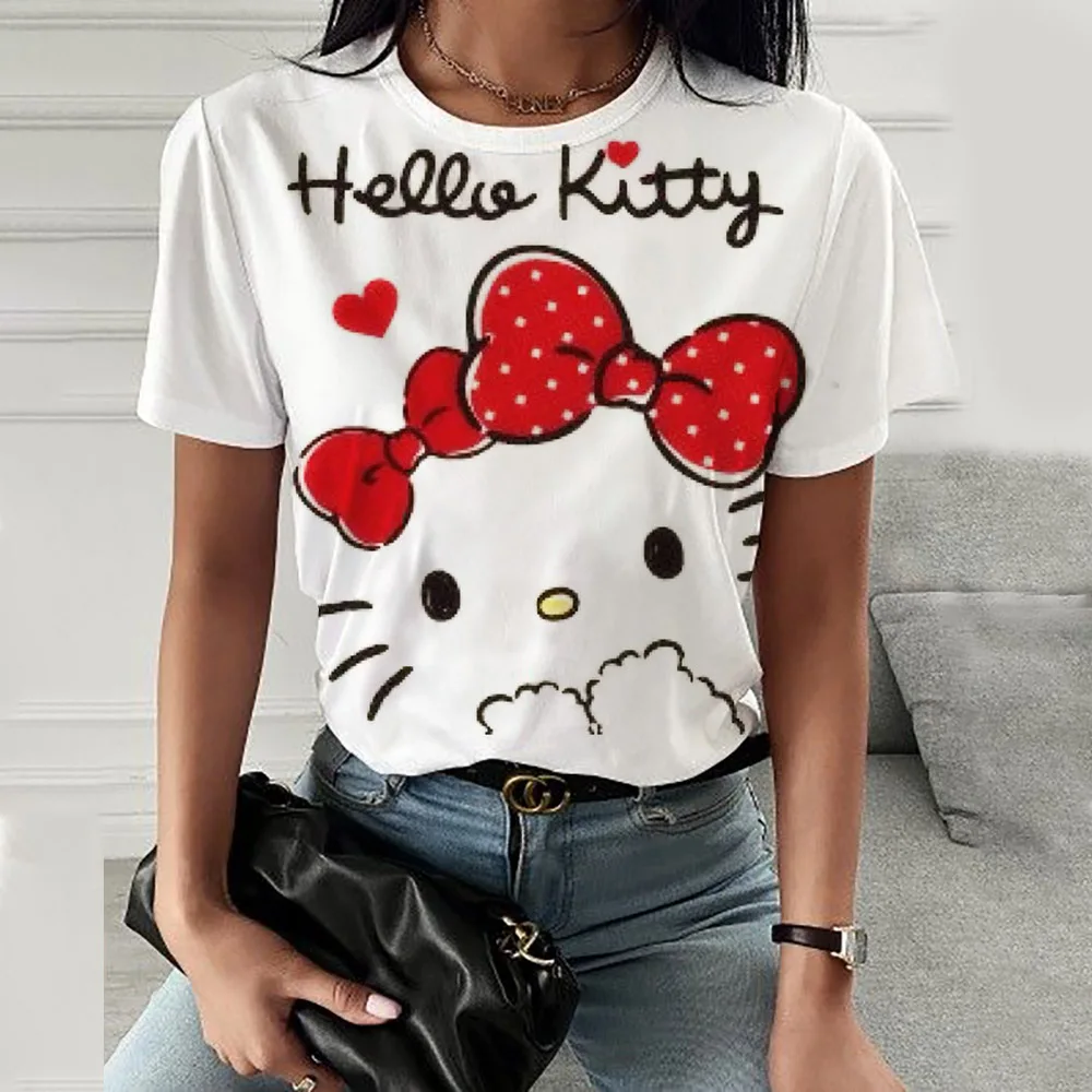 New Hello Kitty Kuromi print Short Sleeve T Shirt Fashion Women T-shirt Cartoon Graphic Tee Shirts Female Tops Clothing