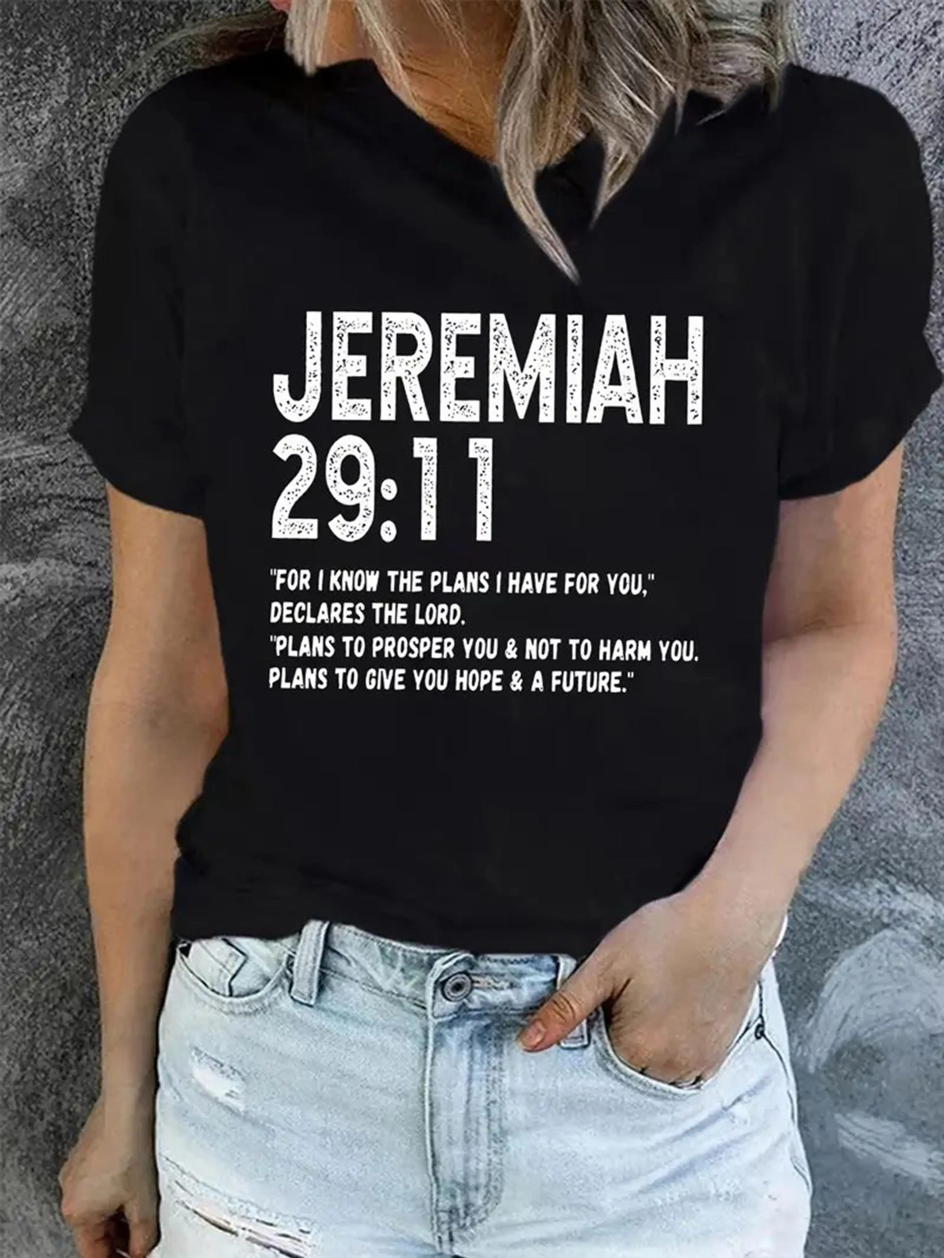 تي شيرت نسائي ملهم لآية الكتاب المقدس كاجوال بأكمام قصيرة ورقبة دائرية مع طباعة JEREMIAH 29:11، أسود، للربيع والصيف