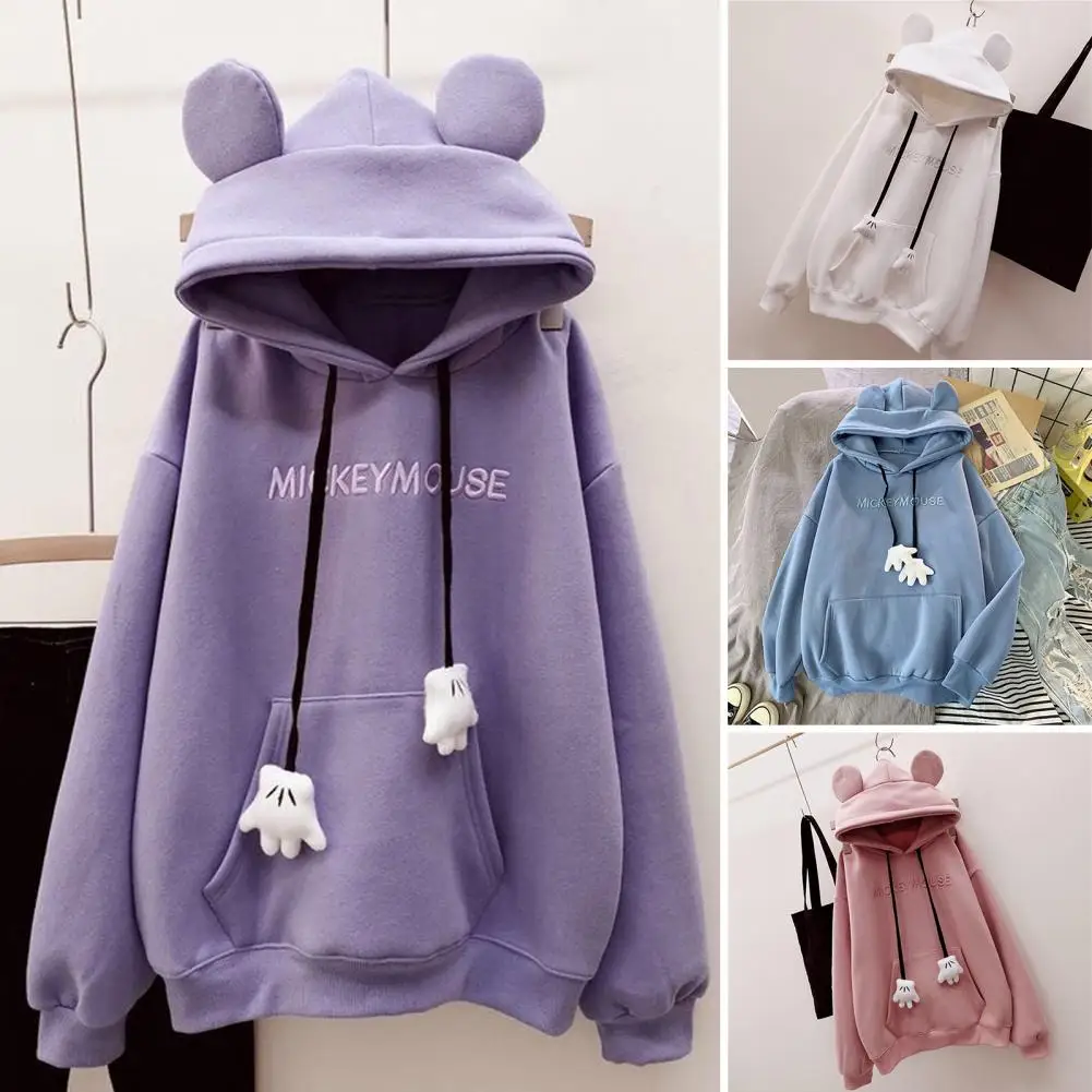 Cute Fall Winter Women Hoodie Cartoon Ear Decor Drawstring Pocket Thick Loose Pullover Warm Letter Embroidery Sweatshirts Top