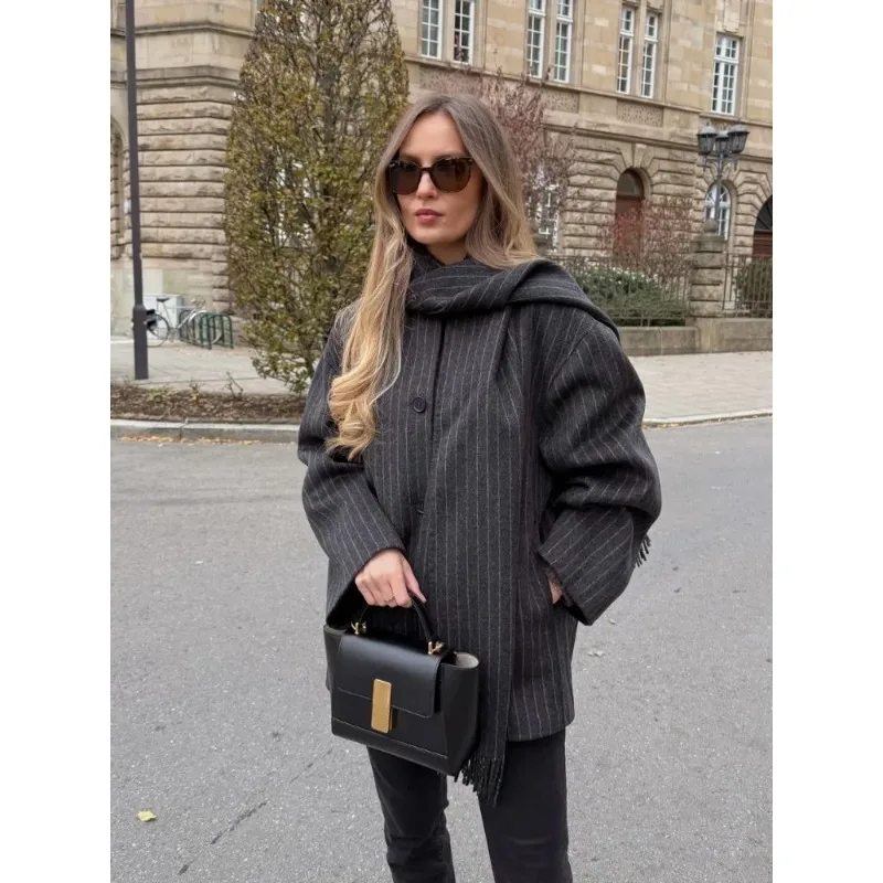 Fashion Stripe Scarf Collar Woolen Coat Women Single Breasted Leisure Loose Coats Lady High Street Commute Outerwear
