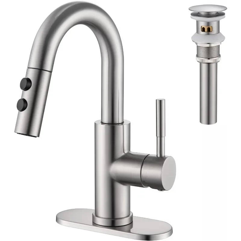 Bathroom Sink Faucet with Pull Down Sprayer, Brushed Nickel Single Handle Pull Out Faucet with Pop-Up Drain