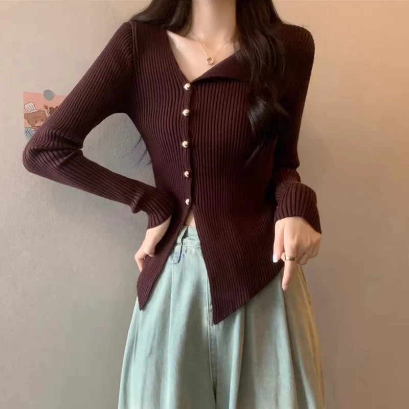 Autumn Korean Anchora Red Irregular V-neck Long Sleeve Slim Slit Sweater Cardigan For Women