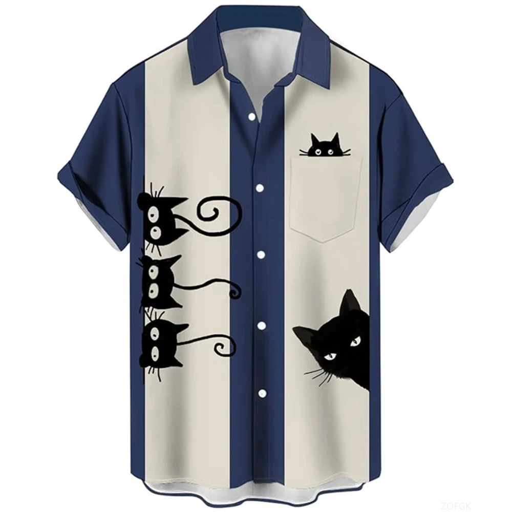 Chemise imprimée de dessin animé de chat] grande taille impression numérique 3D dessin animé amusant chemise à manches courtes pour hommes chemise de vacances hawaïenne de mode