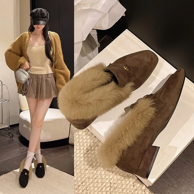 Winter Women's Natural Suede Leather Square Toe Slip-on Rabbit Fur low heel Shoes Fashion Metal flower decoration Female Shoes