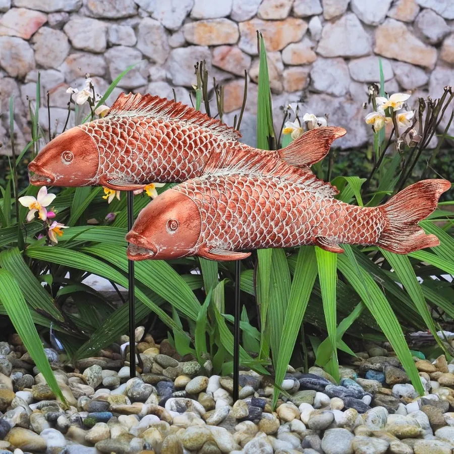 

Garden Statues Koi Fish Decor Outdoor Garden Fish Statues Set of 2 Antique Copper Koi Art Sculptures for Patio Backyard Pond an