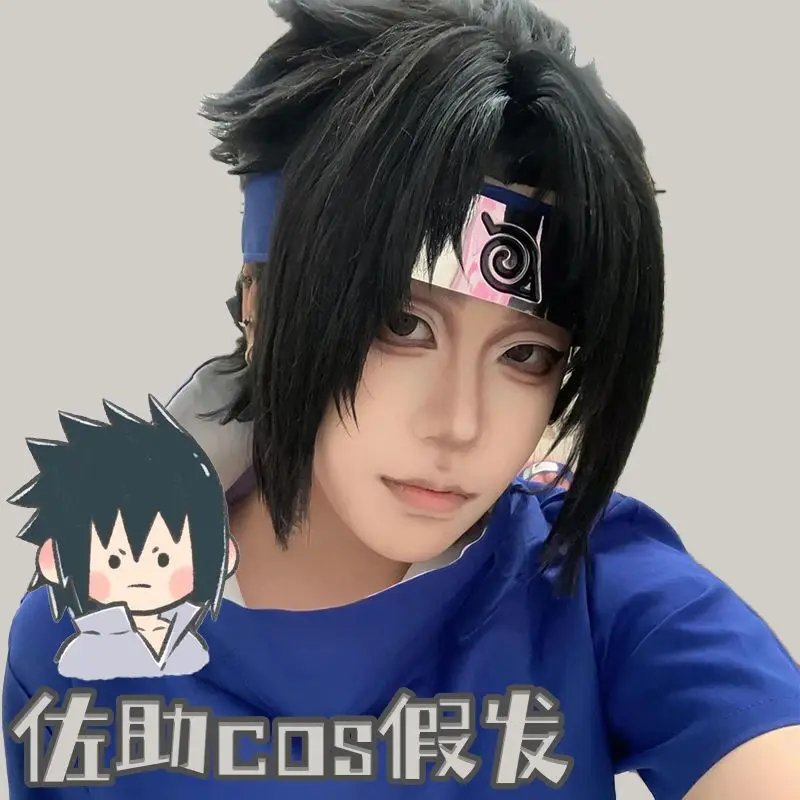 Peluca de cosplay de Sasuke Uchiha, pelo corto y liso con flequillo largo Samurai Updo peluca de cabeza completa