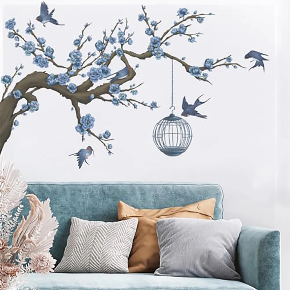 Large Blue Cherry Blossoms Birds Tree Branch Wall Sticker Decals for Living Room, Bathroom, Bedroom Wall Decor