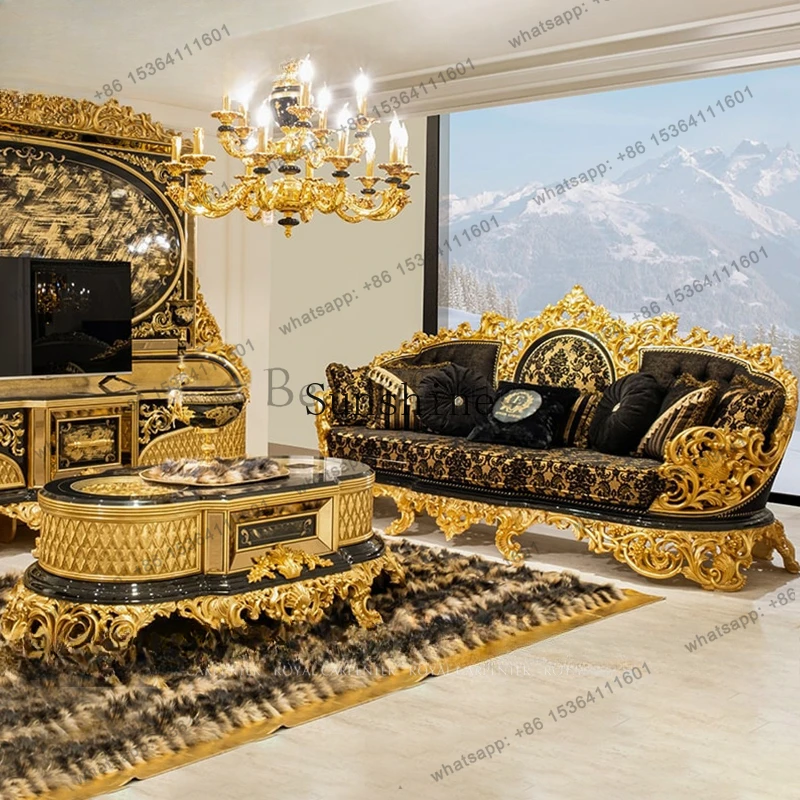 Solid wood carving flower gold large apartment villa living room sofa combination black embroidery fabric