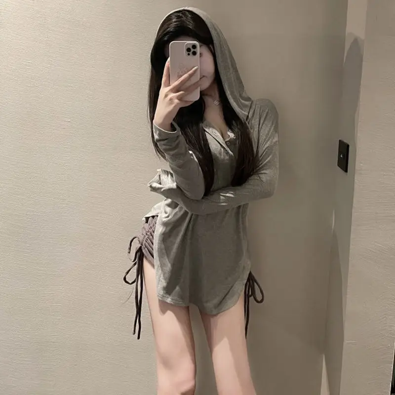 Pure Wind Hood Top Woman Summer Skinny Spice T-shirt Long Sleeve Sun Protection Shirt Thin Split Fashionable Casual