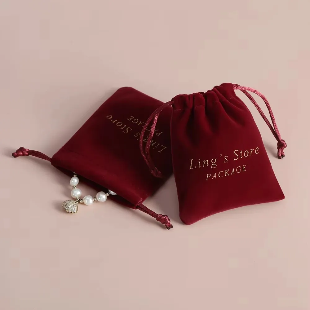 50 Buah Kantong Perhiasan Beludru Padat Merah Anggur Tahan Gores untuk Tas Permen Pernikahan Paket Organizer Logo Kustom Pesta Natal