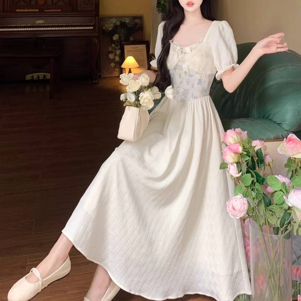 Verano Ele bordado floral ort Sve Long Dr Sweet Fairy Princ falda acampanada de cintura alta ort Sve Maxi Dr