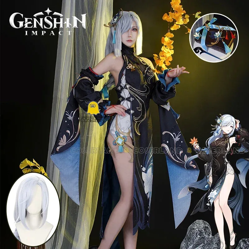 

Shenhe Frostflower Dew Cosplay Costume Wig Black Dress Genshin Impact Headwear Earrings Liyue Lantern Rite Halloween Party Women