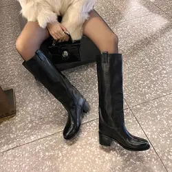 Arden Furtado 2025 Autumn Cowhide Knee high boots Round toe Pull-on Chunky heels Riding boots British style Large size boots