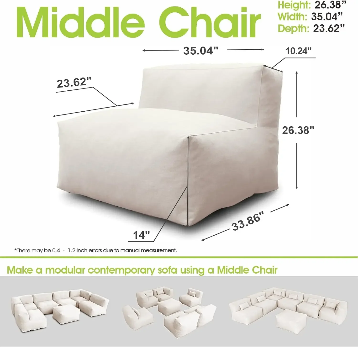 Outdoor Bean Bag Chair, Foam Filled Modular Patio Sofa Middle Seat | Water-Resistant Olefin Fabric, TPU Coating, Removable Cover