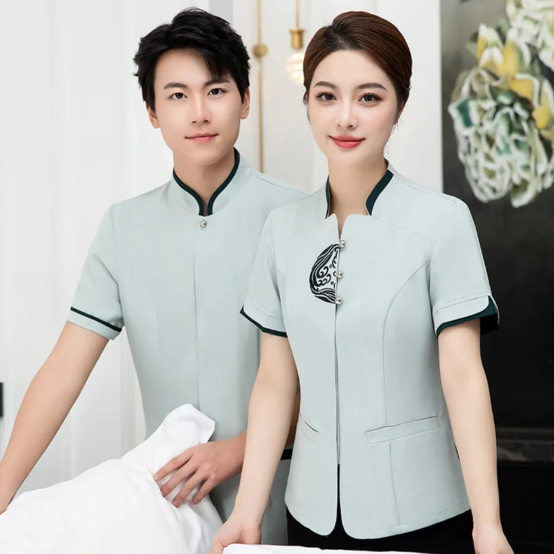 男性と女性のための新しいホテルの客室清掃スタッフの制服、病院、ショッピングモール、不動産管理、ゲストのための夏服