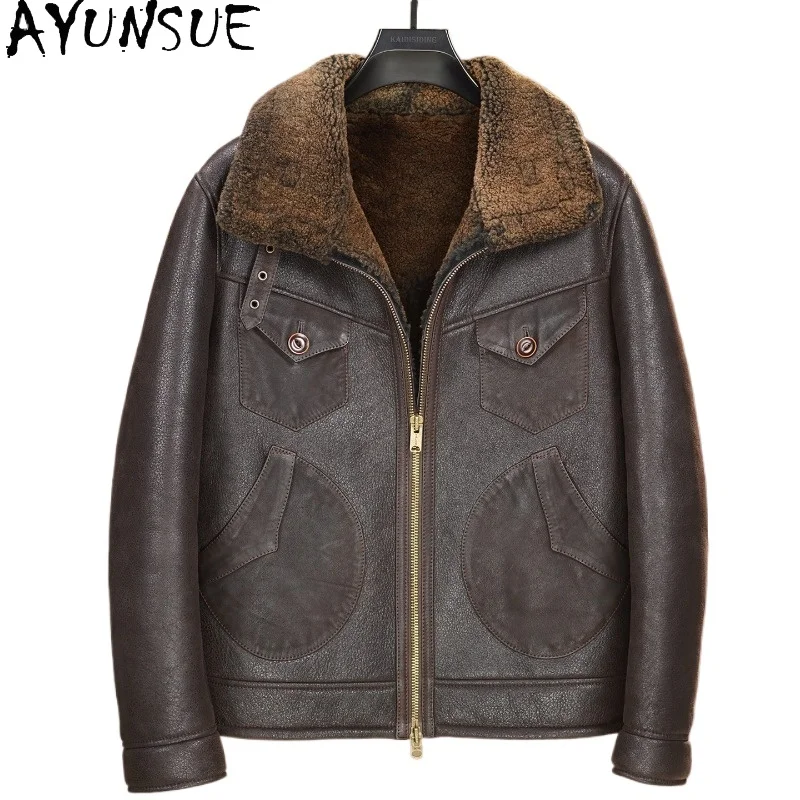 AYUNSUE 100% Natural Fur Coat Man High-end Winter Vintage Real Sheep Shearling Jacket Fashion Real Wool Leather Fur Coats casaco