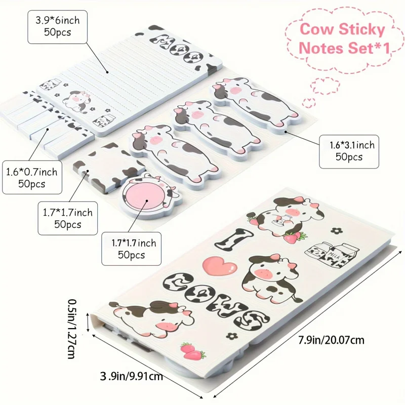 مجموعة واحدة، مجموعة ملاحظات لاصقة على شكل بقرة مكونة من 50 قطعة، أشكال حيوانات المزرعة الوردية اللطيفة، علامات صفحات الملاحظات اللاصقة للمكتب والمدرسة #2