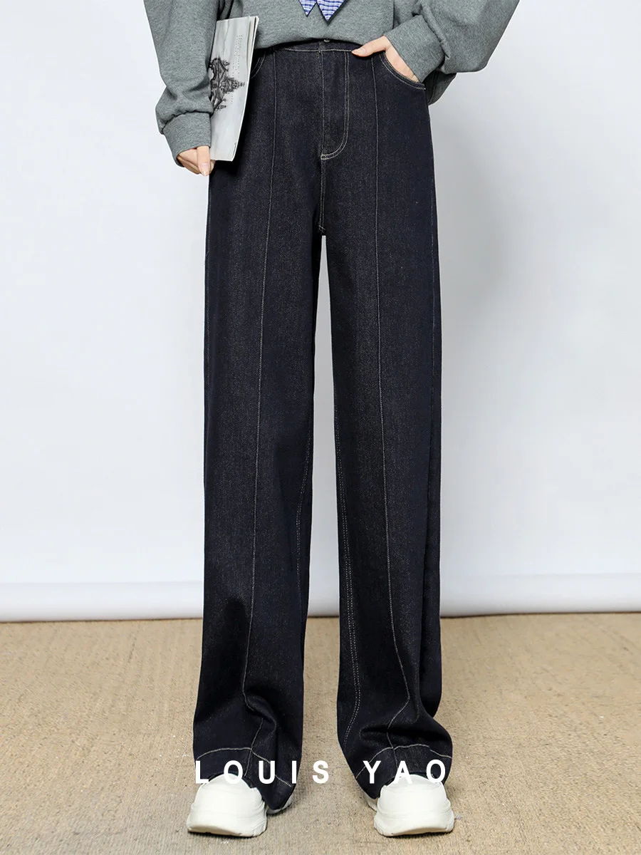 LOUIS YAO 2025 Winter Thickened High Waist Straight leg Jeans Long Micro Elastic Contrast Button Women's Pants Jeans