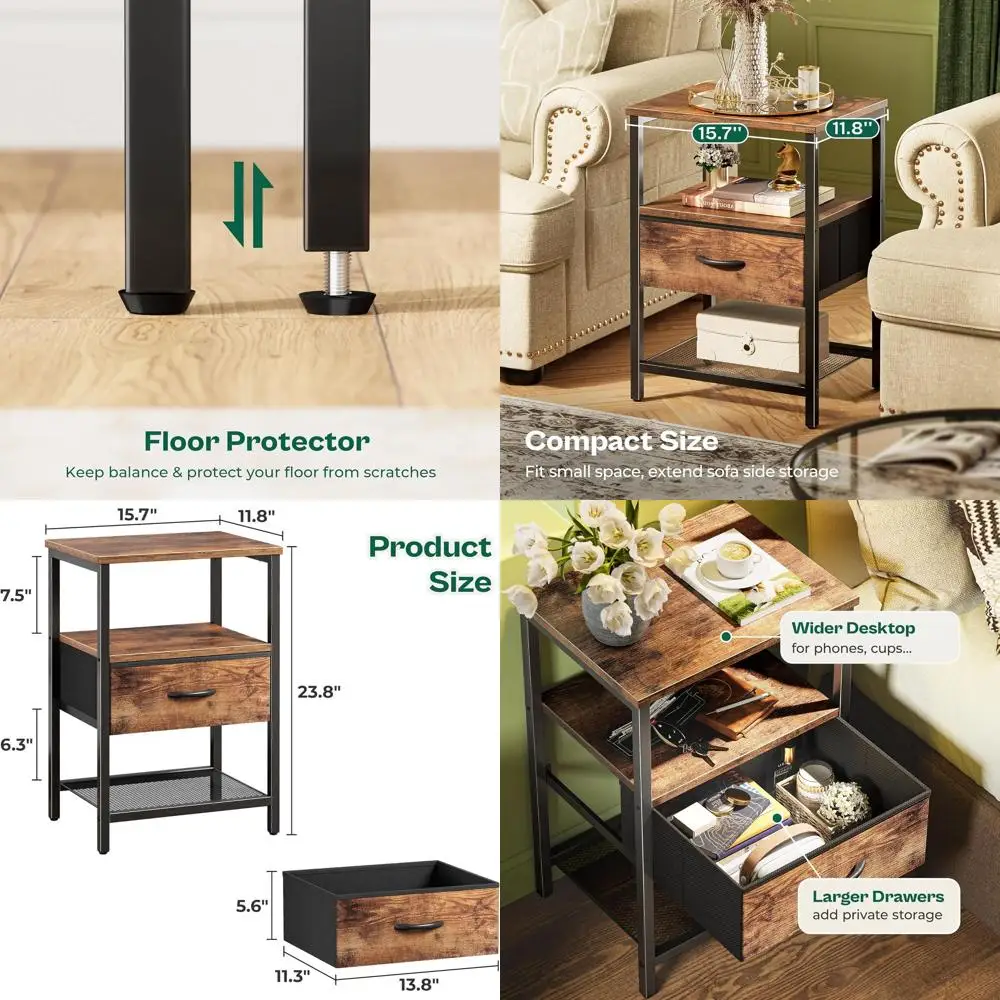

Rustic Brown Fabric Drawer Nightstands, 2-Piece Set with Mesh Shelf & Storage, Metal Frame Bedroom Side Tables