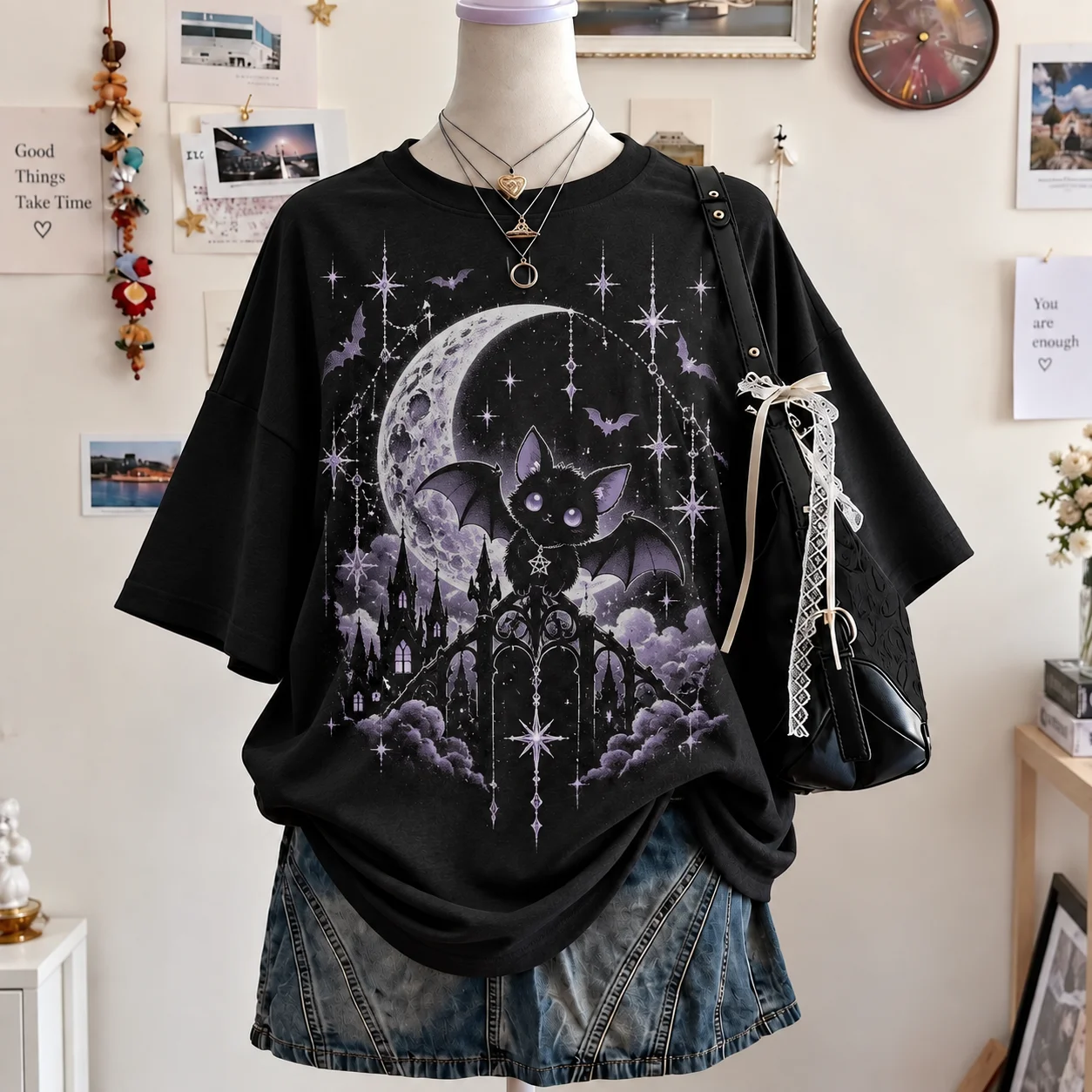 Gothic Halloween Cute Purple Bat Moon Castle Print T Shirt Women Star Cloud Short Sleeve Tees