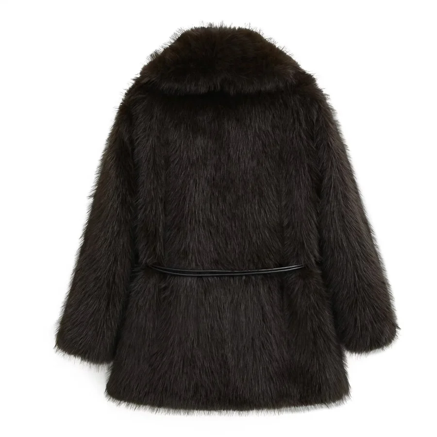 秋冬新作 レディースファッション ラペル ダークブラウン プレミアムベルト フェイクファーコート 女性用 厚手 暖かいコート